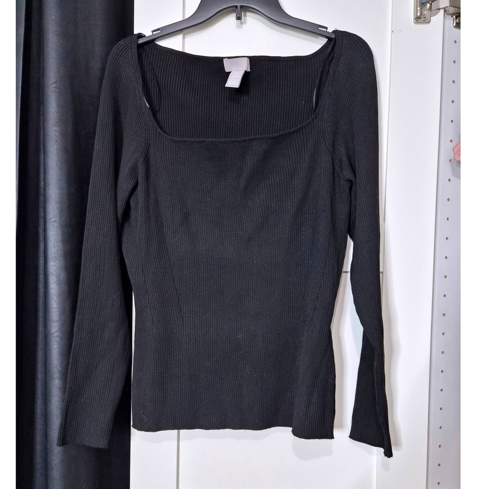 H&M Womens XXL Black Ribbed Square Neck Long Sleeve Knit Top Slim Fit